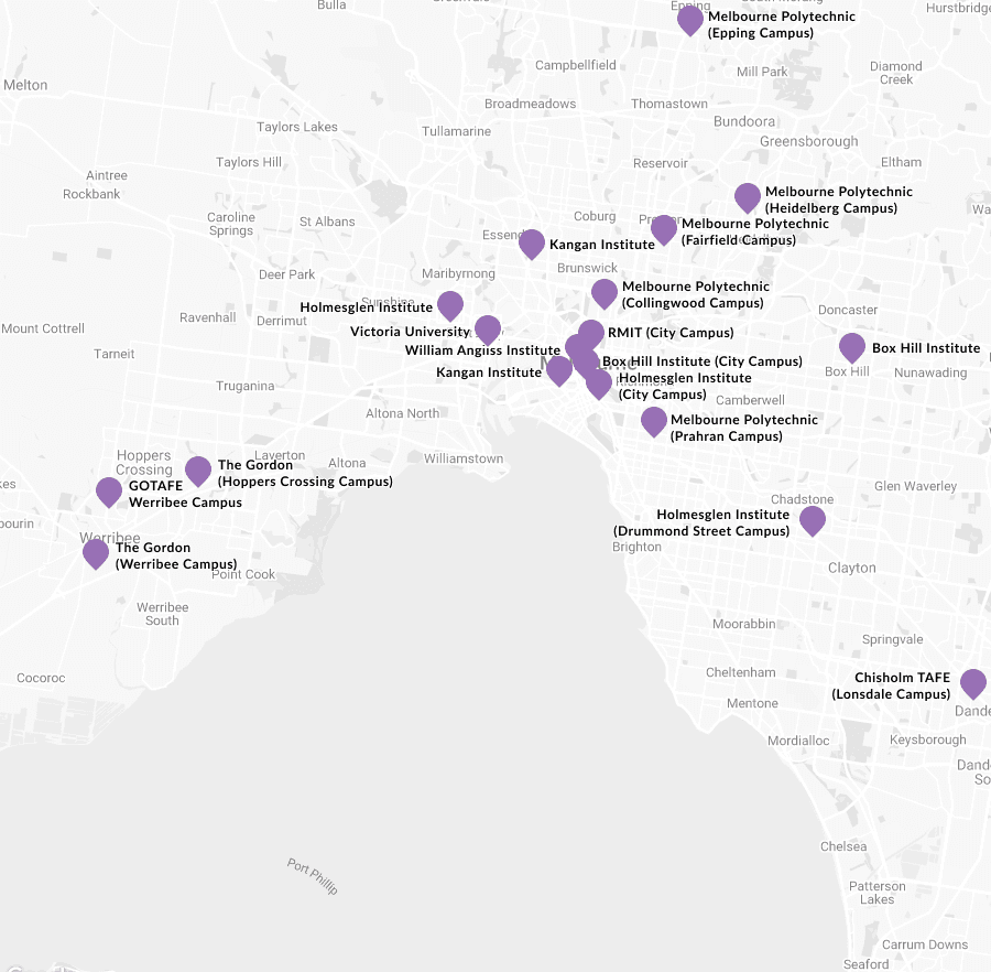 Map of TAFE Campus locations in Melbourne