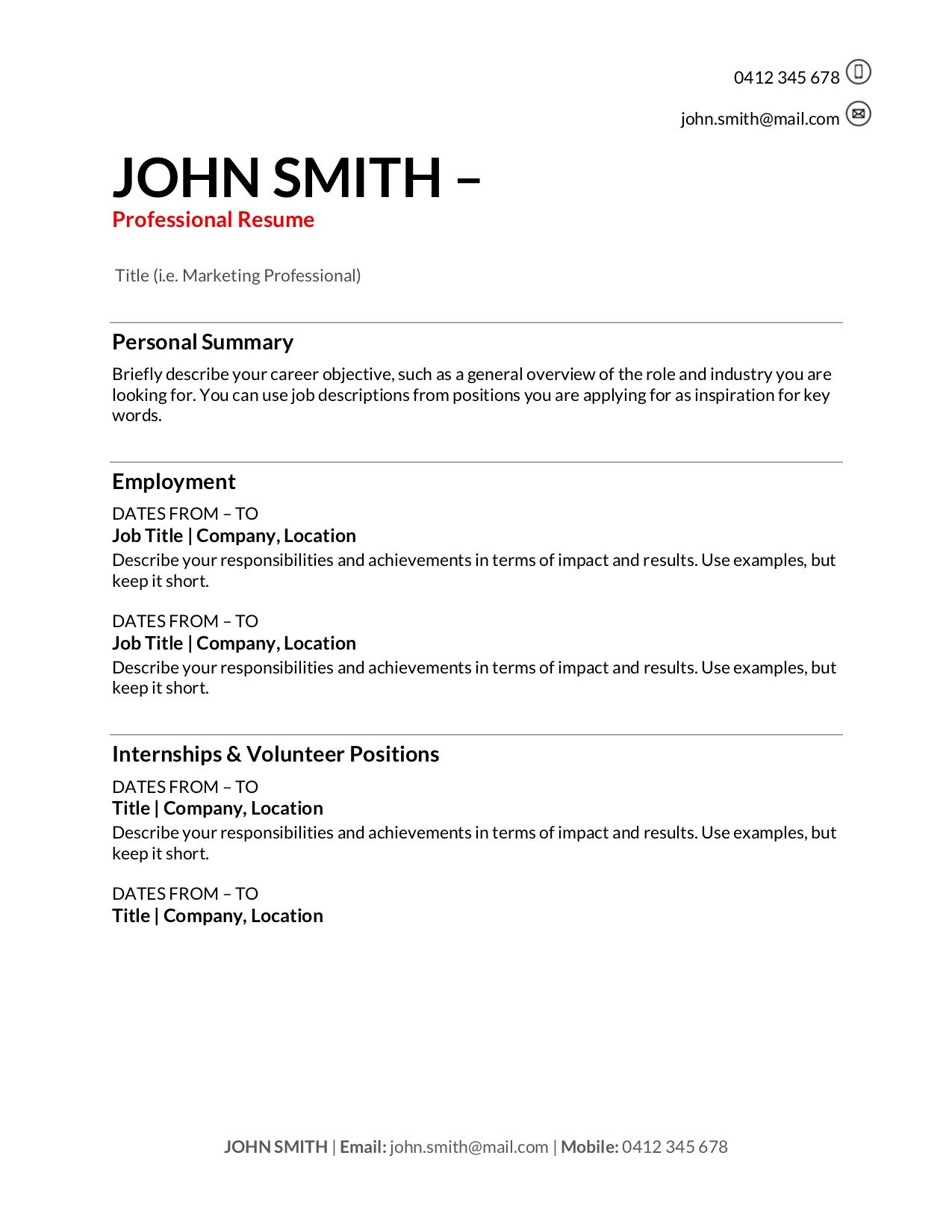 Professional Resume Template Australia