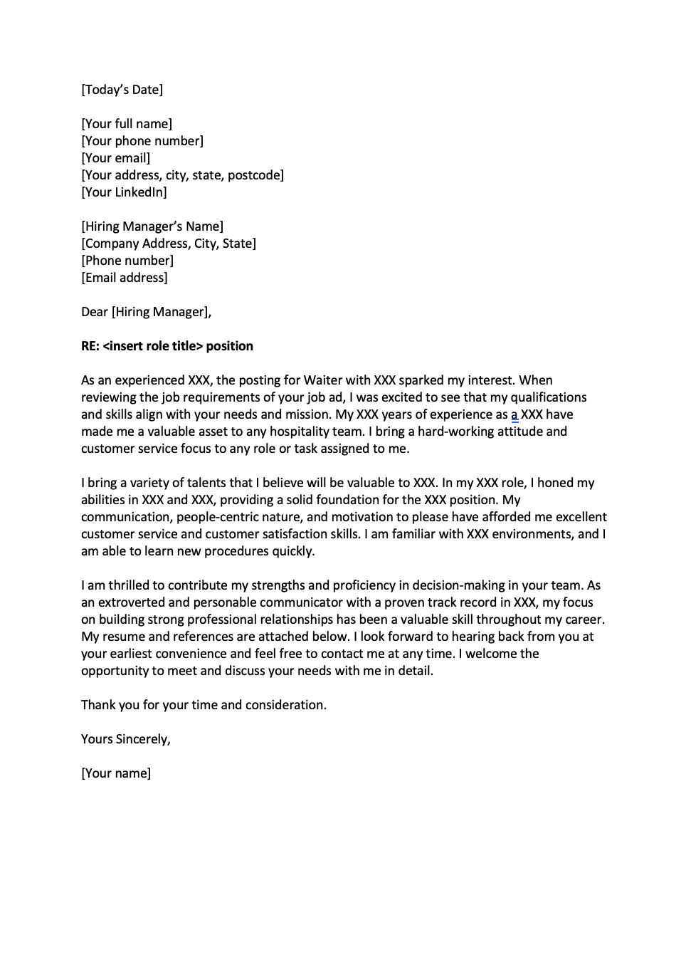 cover letter example for hospitality industry