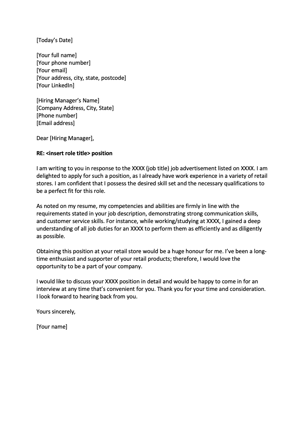 retail cover letter template australia