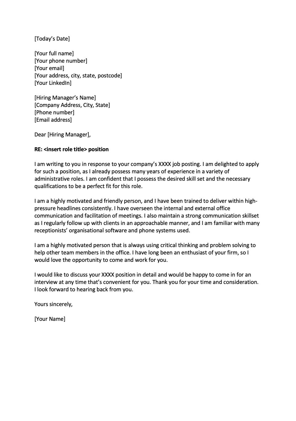 application letter for the position of reception