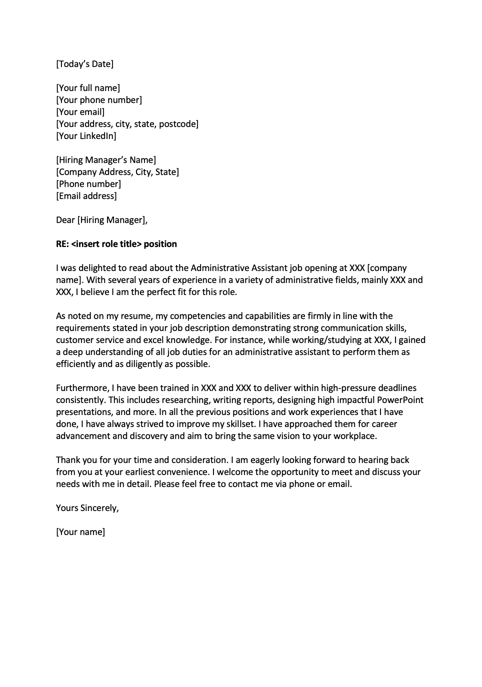 cover letter for admin officer position